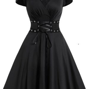 Women's Black Lace-Up Waist Midi Dress